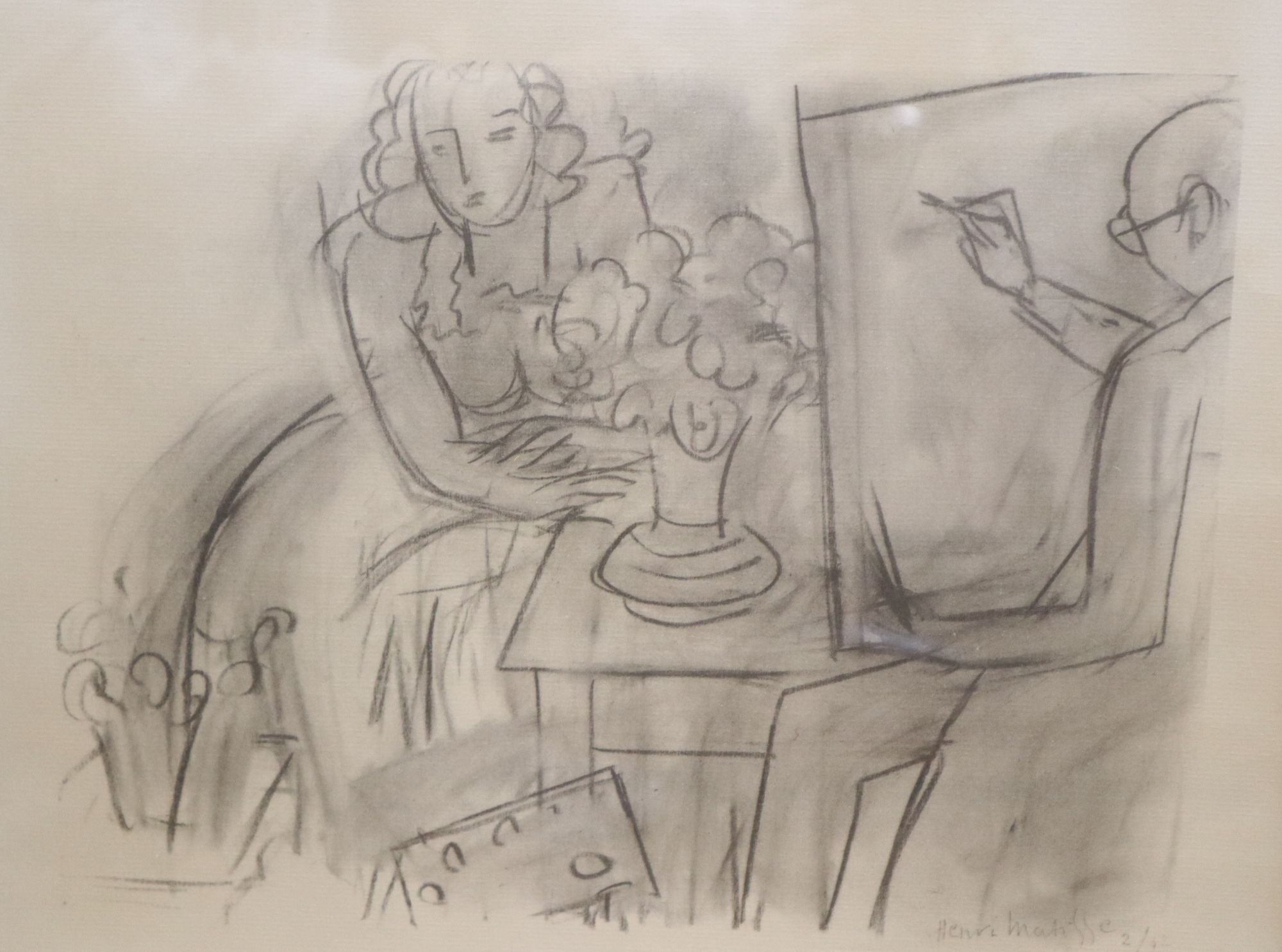 Henry Matisse, monochrome print, Artist and model, overall 29 x 36cm, a pair of prints after Picasso and a Cezanne reprint, Guillaumin